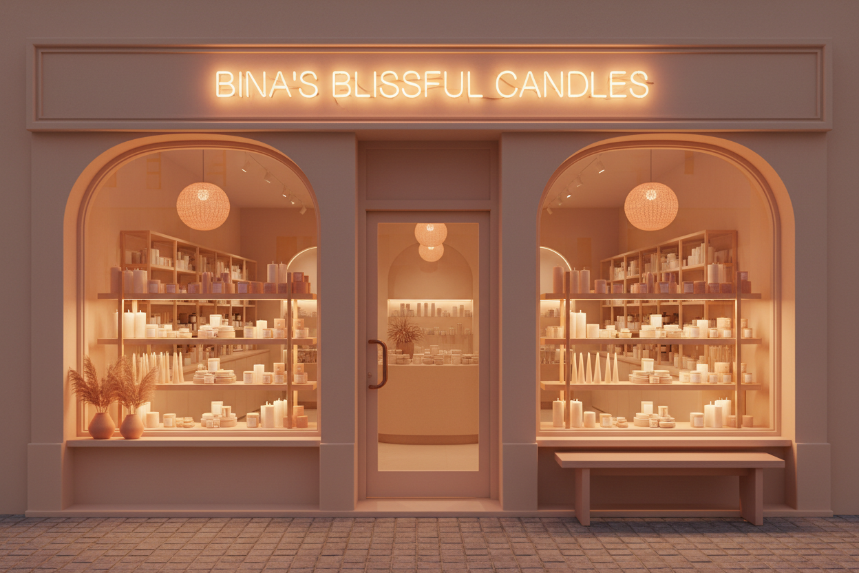 A candle shop with the name in neon lighting with all neutral peach tones called Bina’s Blissful Candles